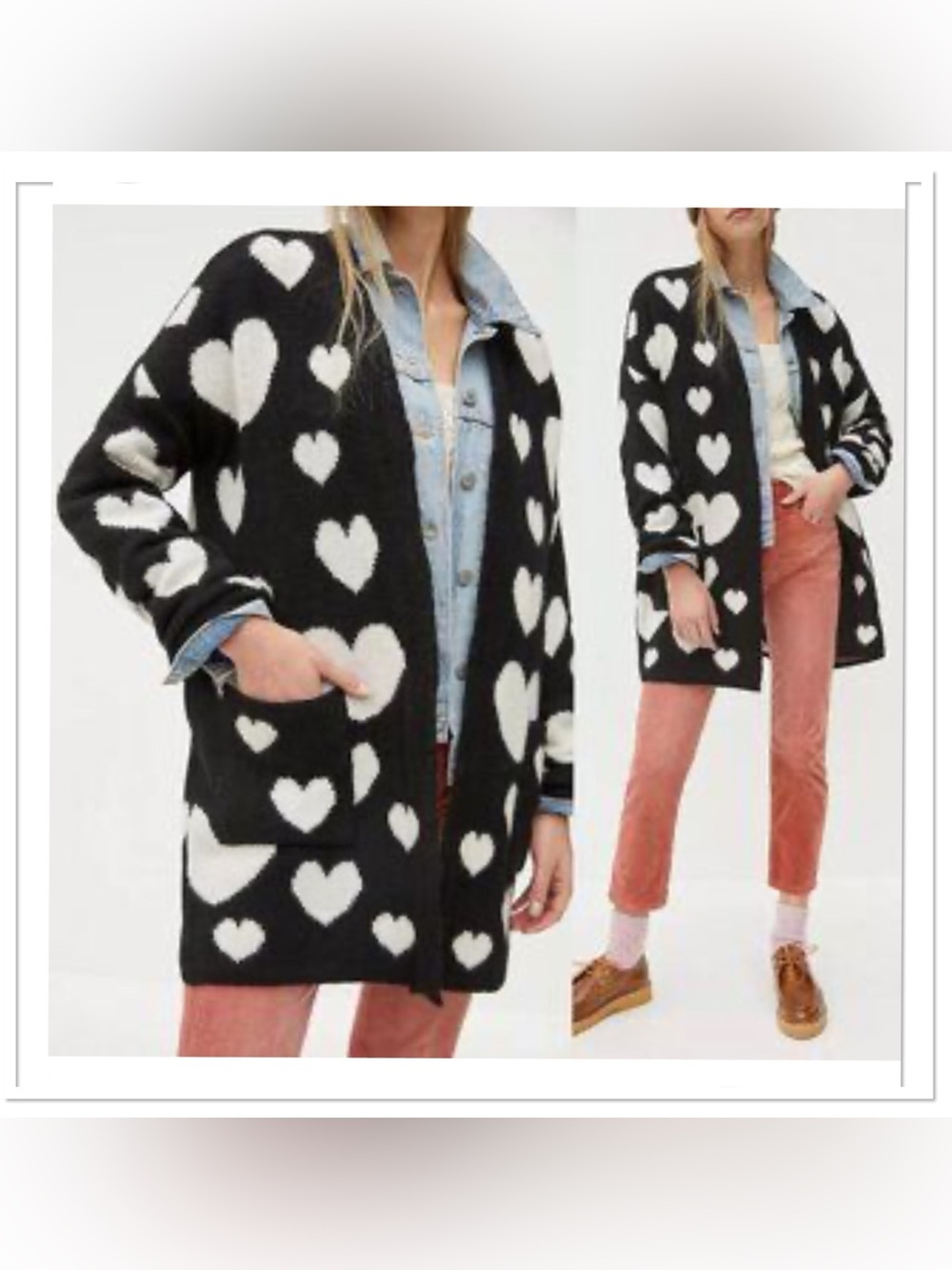 Anthropologie Maeve Open Cardigan White Heart Sweater Sz M/L
